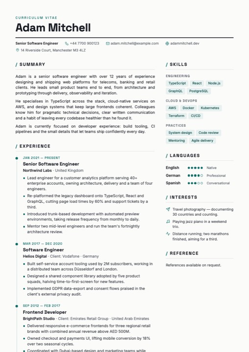 The Apeal template rendered as a full A4 page: a two-column CV with a teal timeline rail down the experience column, skill chips grouped by category and proficiency dots for languages.