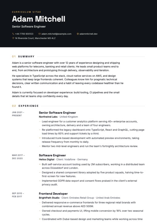 The Editorial template rendered as a full A4 page: a dark masthead band bleeding to the paper edge across the top, gold section accents, numbered headings and a single generous column of prose.