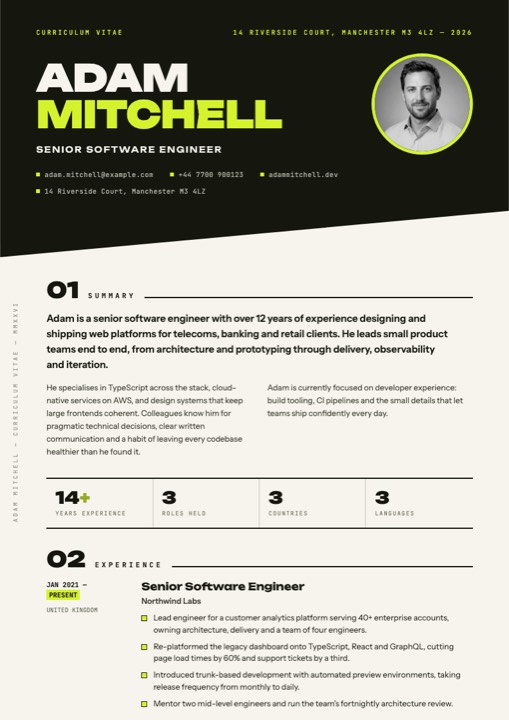 The Ink and Chartreuse template rendered as a full A4 page: near-black diagonal bands, an oversized display name, an electric chartreuse accent and a four-figure statistics band across the first page.